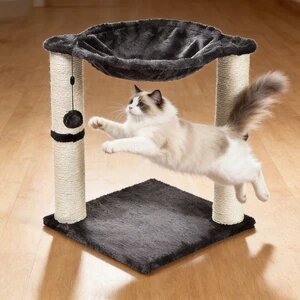 Dual Post Cat Tree with Cozy Hanging Hammock and Fun Cat Ball